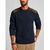 imagePJ PAUL JONES Mens Sweater Military Cable Knit Crewneck Vintage Long Sleeve Pulllover Sweaters with Suede PatchworkNavy Blue