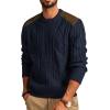 imagePJ PAUL JONES Mens Sweater Military Cable Knit Crewneck Vintage Long Sleeve Pulllover Sweaters with Suede PatchworkNavy Blue