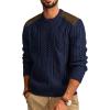 imagePJ PAUL JONES Mens Sweater Military Cable Knit Crewneck Vintage Long Sleeve Pulllover Sweaters with Suede PatchworkNavy Blue B