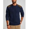 imagePJ PAUL JONES Mens Sweater Military Cable Knit Crewneck Vintage Long Sleeve Pulllover Sweaters with Suede PatchworkNavy Blue B