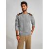 imagePJ PAUL JONES Mens Sweater Military Cable Knit Crewneck Vintage Long Sleeve Pulllover Sweaters with Suede PatchworkSilver Grey