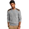 imagePJ PAUL JONES Mens Sweater Military Cable Knit Crewneck Vintage Long Sleeve Pulllover Sweaters with Suede PatchworkSilver Grey