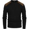 imagePJ PAUL JONES Mens Sweater Military Cable Knit Crewneck Vintage Long Sleeve Pulllover Sweaters with Suede PatchworkBlack