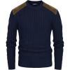 imagePJ PAUL JONES Mens Sweater Military Cable Knit Crewneck Vintage Long Sleeve Pulllover Sweaters with Suede PatchworkNavy Blue B