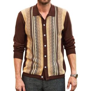 imagePJ PAUL JONES Mens Button Down Polo Shirts Striped Knitted Cardigan SweatersBrownlong Sleeve