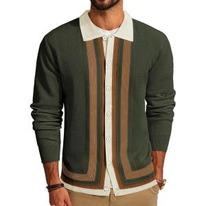 imagePJ PAUL JONES Mens Button Down Polo Shirts Striped Knitted Cardigan SweatersGreen