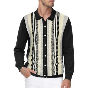 imagePJ PAUL JONES Mens Button Down Polo Shirts Striped Knitted Cardigan SweatersLong Sleeveblack