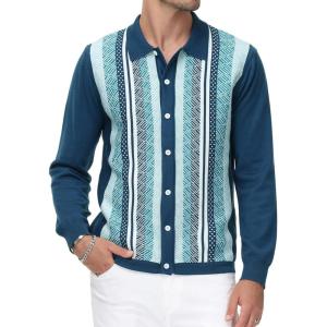 imagePJ PAUL JONES Mens Button Down Polo Shirts Striped Knitted Cardigan SweatersLong Sleeveblue