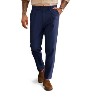 imagePJ PAUL JONES Mens Dress Pants Vintage Pleated Tapered Cropped Trousers Extended Waist Dress Pant Casual SlacksDark Blue