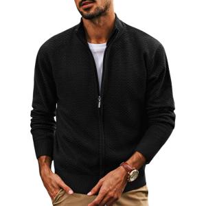 imagePJ PAUL JONES Mens Full Zip Cardigan Sweaters Casual Stand Collar Cardigan Slim Fit Knitted SweaterBlack