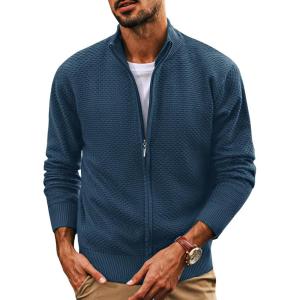 imagePJ PAUL JONES Mens Full Zip Cardigan Sweaters Casual Stand Collar Cardigan Slim Fit Knitted SweaterBlue Grey