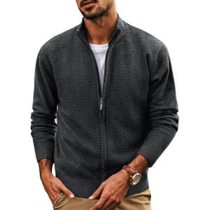 imagePJ PAUL JONES Mens Full Zip Cardigan Sweaters Casual Stand Collar Cardigan Slim Fit Knitted SweaterCarbon Grey