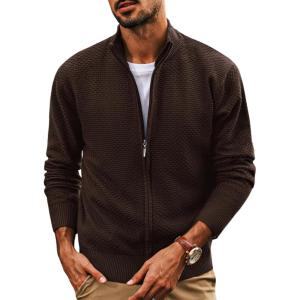 imagePJ PAUL JONES Mens Full Zip Cardigan Sweaters Casual Stand Collar Cardigan Slim Fit Knitted SweaterCoffee