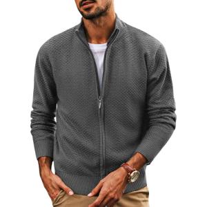 imagePJ PAUL JONES Mens Full Zip Cardigan Sweaters Casual Stand Collar Cardigan Slim Fit Knitted SweaterDark Grey