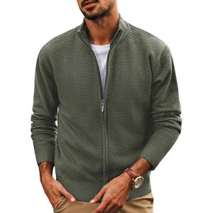 imagePJ PAUL JONES Mens Full Zip Cardigan Sweaters Casual Stand Collar Cardigan Slim Fit Knitted SweaterGrey Green