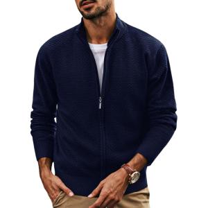 imagePJ PAUL JONES Mens Full Zip Cardigan Sweaters Casual Stand Collar Cardigan Slim Fit Knitted SweaterNavy Blue