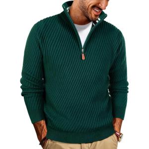 imagePJ PAUL JONES Mens Quarter Zip Pullover Sweaters Casual Knit Twill Texture SweaterGreen