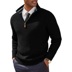 imagePJ PAUL JONES Mens Quarter Zip Pullover Sweaters Casual Texture Mock Neck Polo SweaterBlack