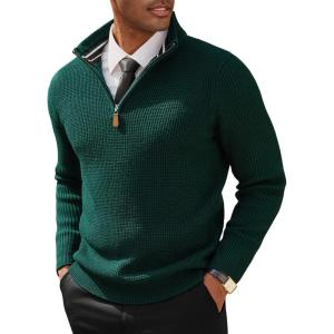 imagePJ PAUL JONES Mens Quarter Zip Pullover Sweaters Casual Texture Mock Neck Polo SweaterDark Green