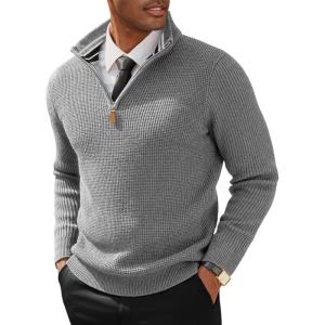 imagePJ PAUL JONES Mens Quarter Zip Pullover Sweaters Casual Texture Mock Neck Polo SweaterGrey