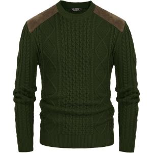 imagePJ PAUL JONES Mens Sweater Military Cable Knit Crewneck Vintage Long Sleeve Pulllover Sweaters with Suede PatchworkArmy Green