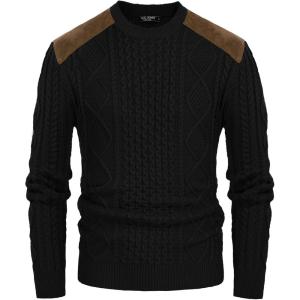 imagePJ PAUL JONES Mens Sweater Military Cable Knit Crewneck Vintage Long Sleeve Pulllover Sweaters with Suede PatchworkBlack