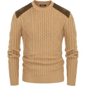 imagePJ PAUL JONES Mens Sweater Military Cable Knit Crewneck Vintage Long Sleeve Pulllover Sweaters with Suede PatchworkCamel