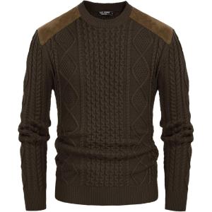 imagePJ PAUL JONES Mens Sweater Military Cable Knit Crewneck Vintage Long Sleeve Pulllover Sweaters with Suede PatchworkCoffee