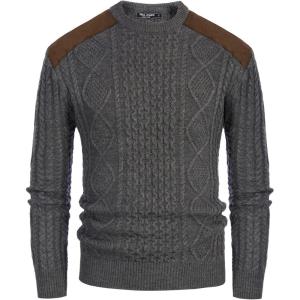 imagePJ PAUL JONES Mens Sweater Military Cable Knit Crewneck Vintage Long Sleeve Pulllover Sweaters with Suede PatchworkDark Grey
