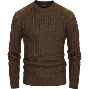 imagePJ PAUL JONES Mens Sweater Military Cable Knit Crewneck Vintage Long Sleeve Pulllover Sweaters with Suede PatchworkKhaki