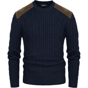 imagePJ PAUL JONES Mens Sweater Military Cable Knit Crewneck Vintage Long Sleeve Pulllover Sweaters with Suede PatchworkNavy Blue