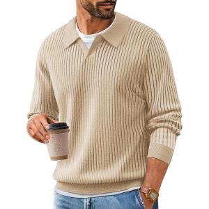 imagePJ PAUL JONES Mens Sweater V Neck Slim Fit Pullover Sweater Ribbed Textured Polo SweatersApricot