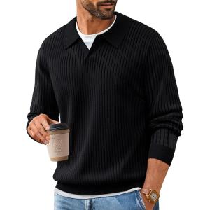 imagePJ PAUL JONES Mens Sweater V Neck Slim Fit Pullover Sweater Ribbed Textured Polo SweatersBlack