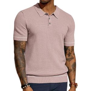 imagePJ PAUL JONES Mens Knit Polo Shirts Short Sleeve Textured Polo Shirts Sretchy Regular FitDusty Pink
