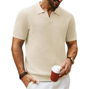 imagePJ PAUL JONES Mens Polo Shirts Short Sleeve V Neck Knit Textured Polo Knitted Golf ShirtApricot