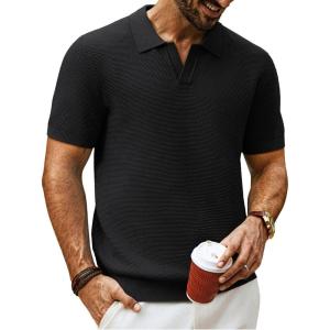 imagePJ PAUL JONES Mens Polo Shirts Short Sleeve V Neck Knit Textured Polo Knitted Golf ShirtBlack