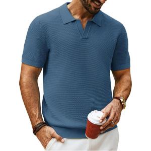 imagePJ PAUL JONES Mens Polo Shirts Short Sleeve V Neck Knit Textured Polo Knitted Golf ShirtBlue