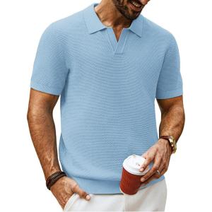 imagePJ PAUL JONES Mens Polo Shirts Short Sleeve V Neck Knit Textured Polo Knitted Golf ShirtLight Blue