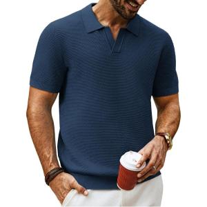 imagePJ PAUL JONES Mens Polo Shirts Short Sleeve V Neck Knit Textured Polo Knitted Golf ShirtRoyal Blue