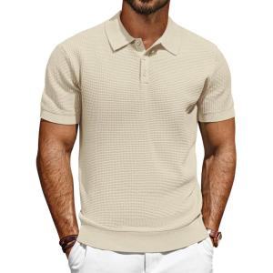 imagePJ PAUL JONES Polo Shirts for Men Short Sleeve Knit Waffle Texture Casual Dress Polo Golf ShirtApricot
