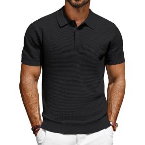 imagePJ PAUL JONES Polo Shirts for Men Short Sleeve Knit Waffle Texture Casual Dress Polo Golf ShirtBlack