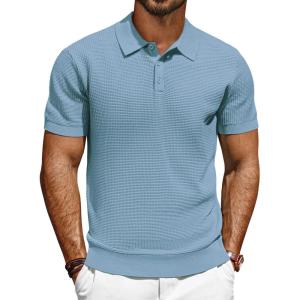 imagePJ PAUL JONES Polo Shirts for Men Short Sleeve Knit Waffle Texture Casual Dress Polo Golf ShirtBlue