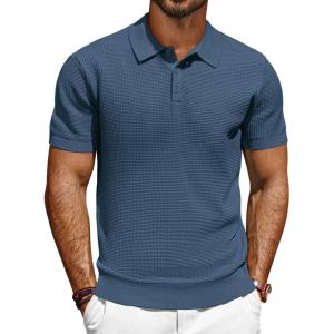 imagePJ PAUL JONES Polo Shirts for Men Short Sleeve Knit Waffle Texture Casual Dress Polo Golf ShirtDark Blue