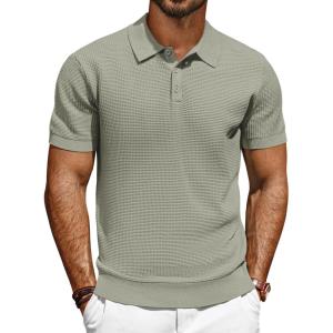 imagePJ PAUL JONES Polo Shirts for Men Short Sleeve Knit Waffle Texture Casual Dress Polo Golf ShirtKhaki Green