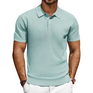 imagePJ PAUL JONES Polo Shirts for Men Short Sleeve Knit Waffle Texture Casual Dress Polo Golf ShirtLight Green