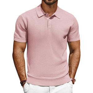 imagePJ PAUL JONES Polo Shirts for Men Short Sleeve Knit Waffle Texture Casual Dress Polo Golf ShirtPink