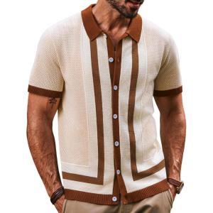 imagePJ PAUL JONES Mens Polo Shirts Vintage Striped Button Down Knitted Golf ShirtsApricotvintage