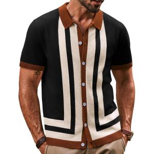 imagePJ PAUL JONES Mens Polo Shirts Vintage Striped Button Down Knitted Golf ShirtsBlackvintage