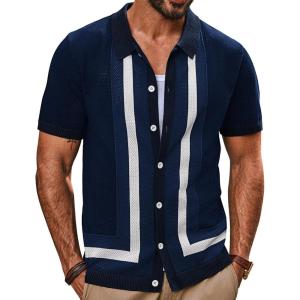 imagePJ PAUL JONES Mens Polo Shirts Vintage Striped Button Down Knitted Golf ShirtsDark Bluevintage
