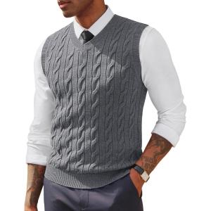 imagePJ PAUL JONES Mens Sweater Vests V Neck Cable Twist Knit Sleeveless Vests Casual Pullover SweaterMid Grey
